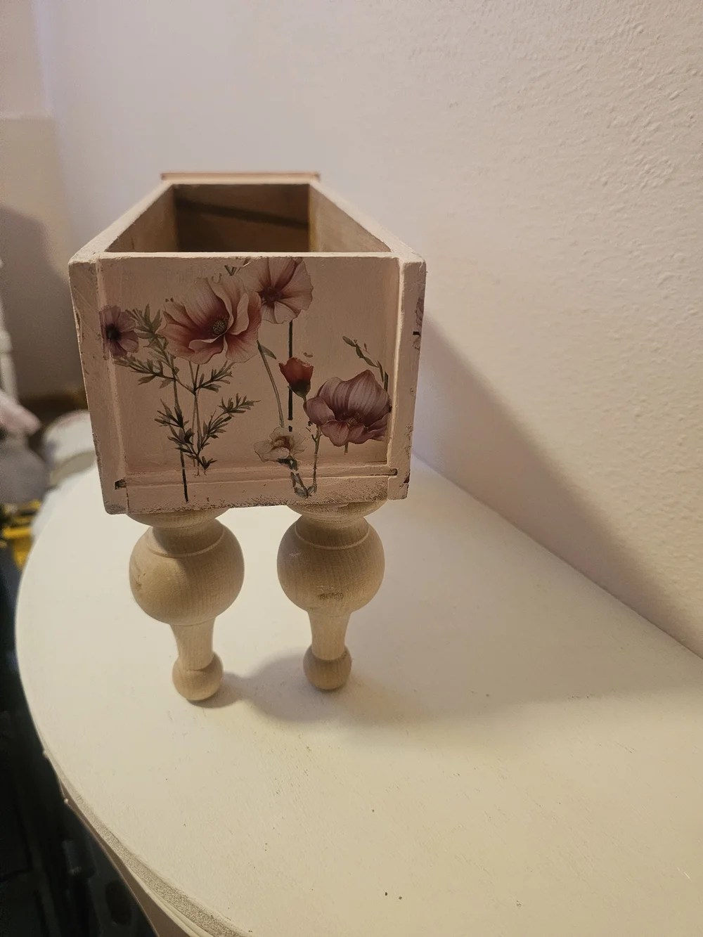 Pink Floral Decorative Wooden Riser / Box with Natural Pedestal Legs